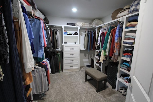 spacious closet featuring light colored carpet