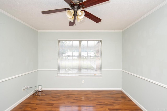 unfurnished room with hardwood / wood-style flooring, ornamental molding, ceiling fan, and a textured ceiling