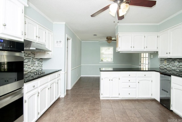 kitchen with white cabinetry, ornamental molding, double oven, and kitchen peninsula