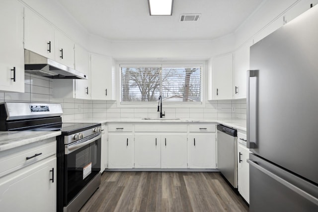 kitchen with sink, white cabinetry, dark hardwood / wood-style flooring, stainless steel appliances, and decorative backsplash