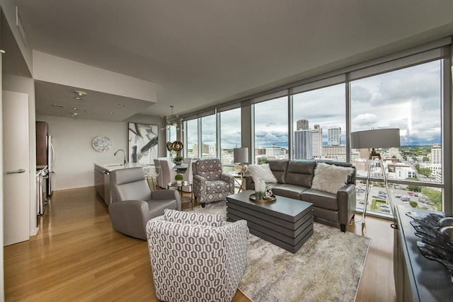 living room with sink, light hardwood / wood-style floors, floor to ceiling windows, and a healthy amount of sunlight