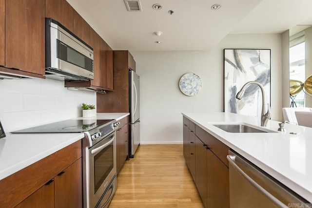 kitchen featuring sink, backsplash, light hardwood / wood-style flooring, and stainless steel appliances