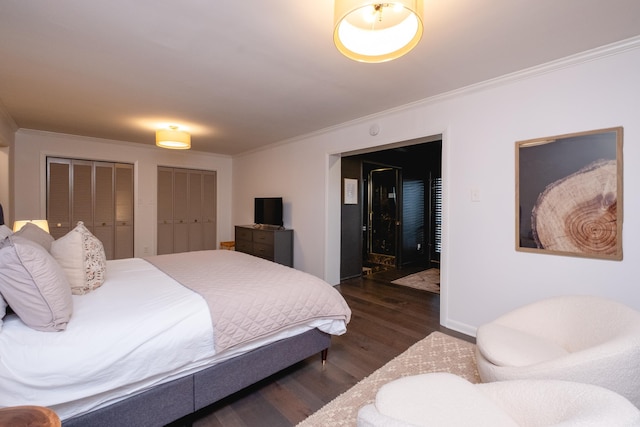 bedroom with two closets, dark wood-type flooring, and ornamental molding