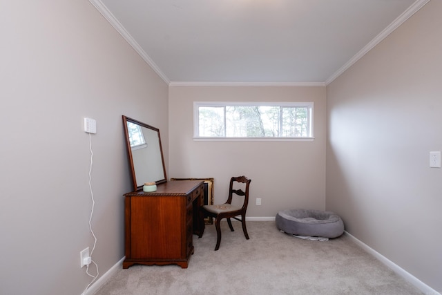 office space with ornamental molding and light colored carpet