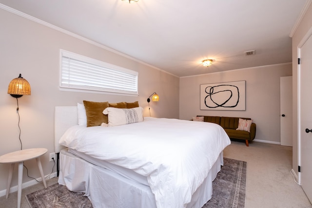 carpeted bedroom featuring crown molding