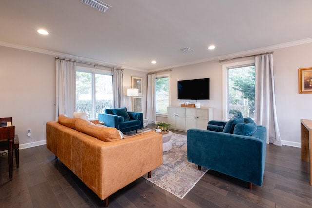 living room with ornamental molding, dark wood-type flooring, and a healthy amount of sunlight