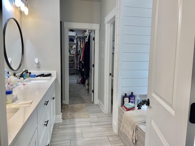 bathroom featuring a walk in closet, a sink, and double vanity