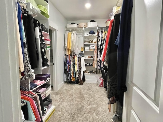 walk in closet with light carpet