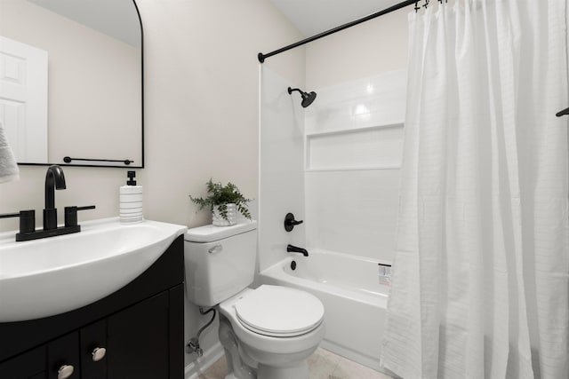 full bathroom with vanity, shower / bath combination with curtain, and toilet