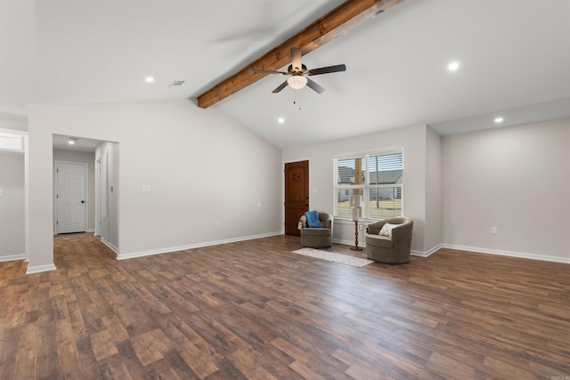 unfurnished room with ceiling fan, dark hardwood / wood-style floors, and lofted ceiling with beams