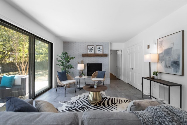 living room with a fireplace