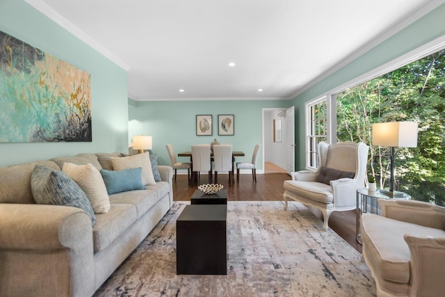 living room with hardwood / wood-style floors and crown molding