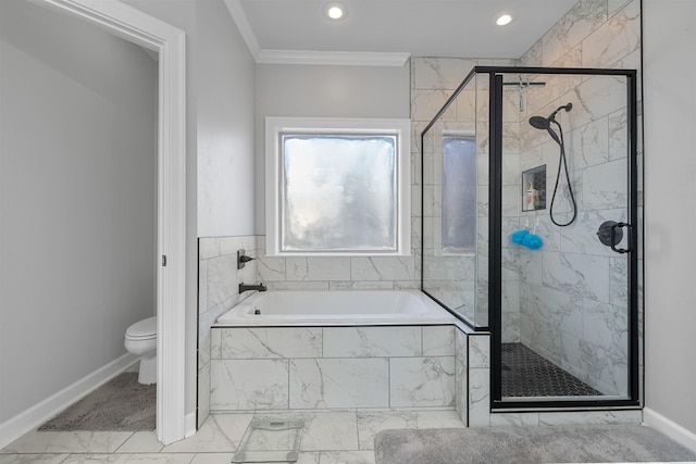 bathroom featuring ornamental molding, toilet, and separate shower and tub