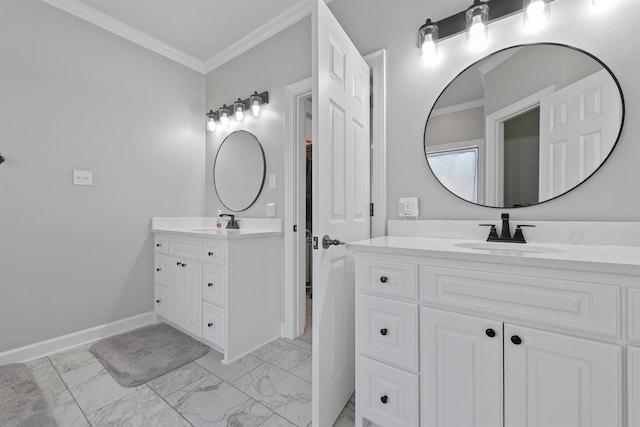 bathroom with ornamental molding and vanity