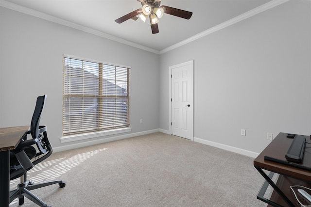 office area with crown molding, ceiling fan, and light carpet