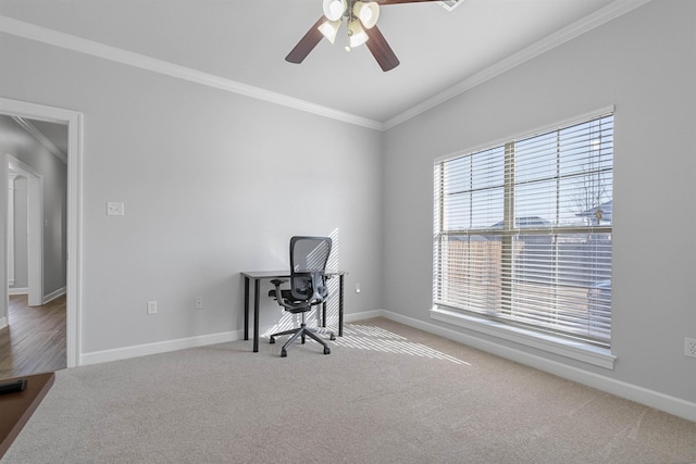 office space featuring ornamental molding, carpet floors, and ceiling fan