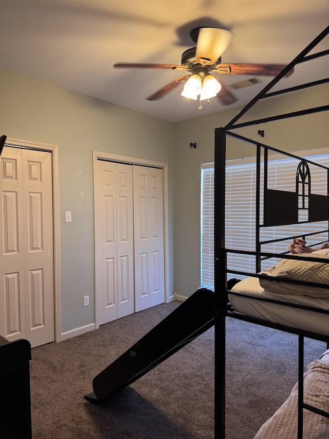 bedroom featuring ceiling fan and carpet floors