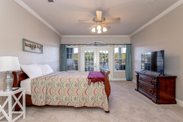 bedroom featuring light colored carpet, access to exterior, ceiling fan, crown molding, and french doors