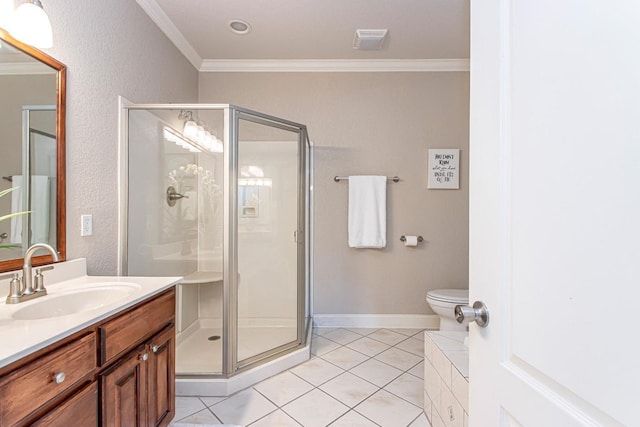 bathroom with tile patterned flooring, vanity, toilet, a shower with door, and crown molding