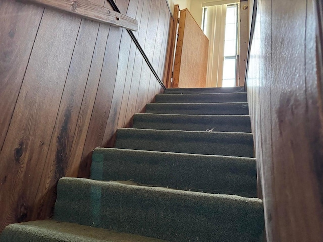 staircase featuring wooden walls