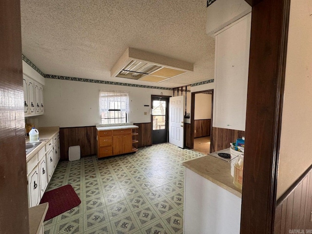 kitchen with wooden walls, kitchen peninsula, and a textured ceiling