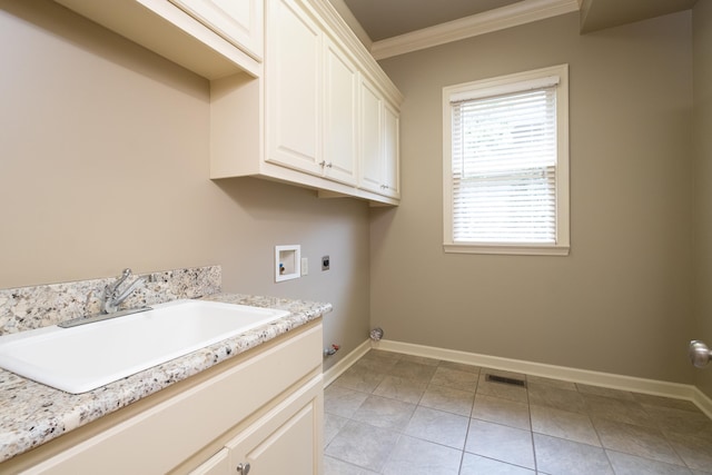 laundry area featuring sink, cabinets, ornamental molding, washer hookup, and hookup for an electric dryer