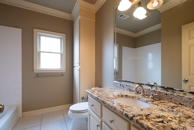 bathroom featuring a bathing tub, tile patterned flooring, ornamental molding, vanity, and toilet