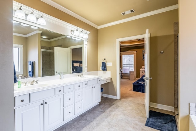 bathroom featuring ornamental molding, vanity, tile patterned floors, and walk in shower