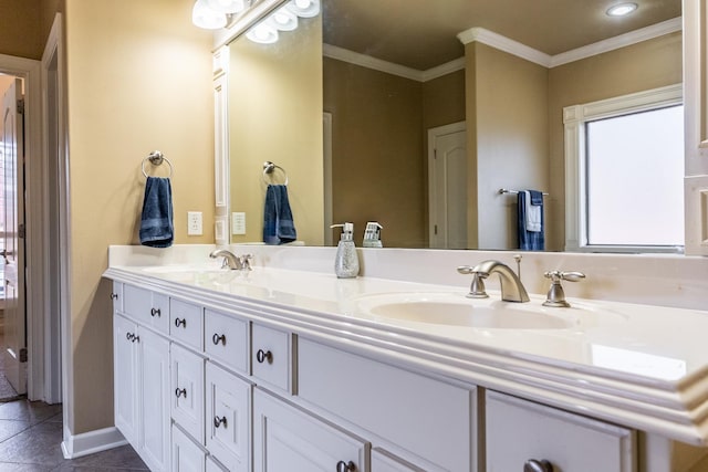 bathroom with vanity, tile patterned flooring, and crown molding