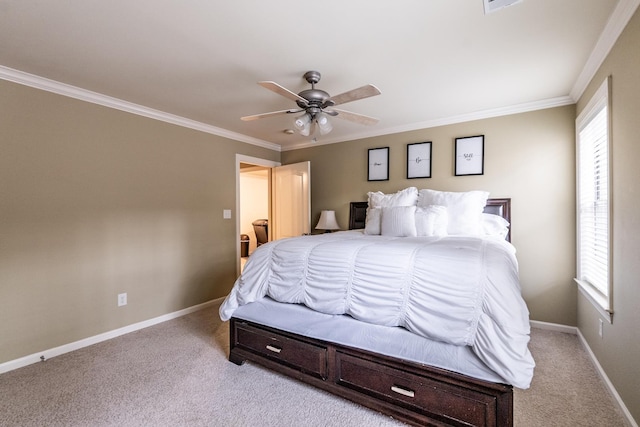 bedroom featuring multiple windows, crown molding, light carpet, and ceiling fan