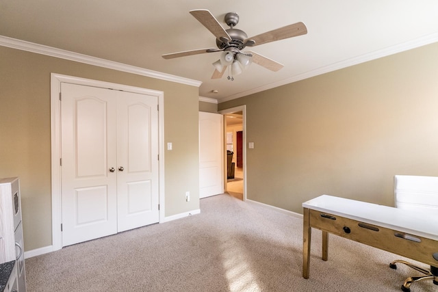 unfurnished office featuring ornamental molding, light carpet, and ceiling fan