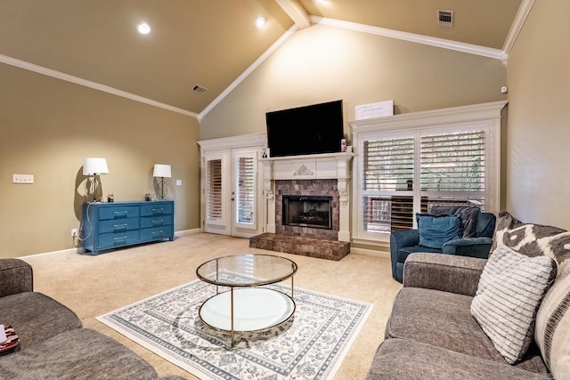 living room with ornamental molding, a fireplace, high vaulted ceiling, and light carpet