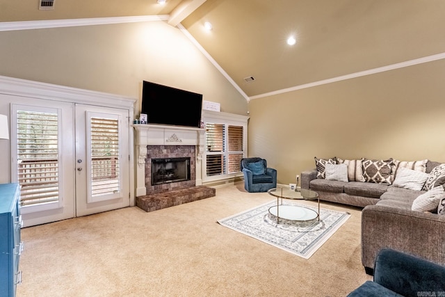 carpeted living room with french doors, crown molding, high vaulted ceiling, beamed ceiling, and a tiled fireplace