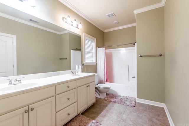 full bathroom with vanity, ornamental molding, shower / bath combination with curtain, tile patterned floors, and toilet