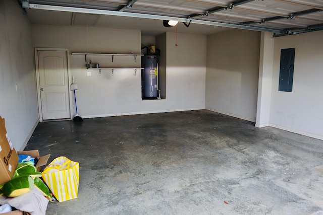 garage with electric panel and water heater