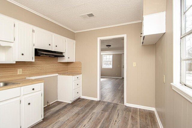 kitchen featuring ornamental molding, dark hardwood / wood-style flooring, a textured ceiling, and white cabinets