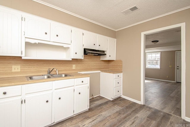 kitchen with dark wood-type flooring, sink, white cabinetry, crown molding, and backsplash