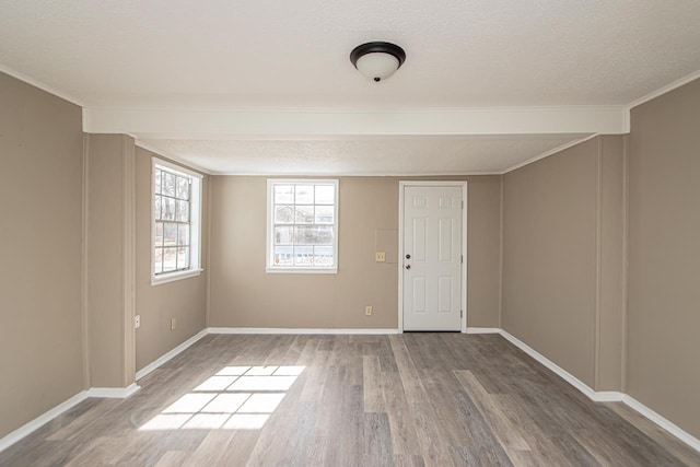 spare room with crown molding, wood-type flooring, and a textured ceiling