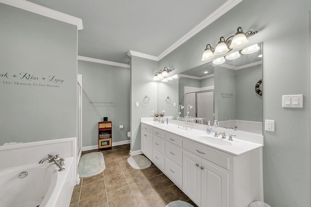 bathroom with a garden tub, a sink, a shower stall, double vanity, and crown molding