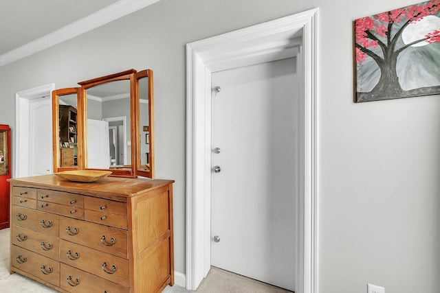 interior space with ornamental molding and light colored carpet