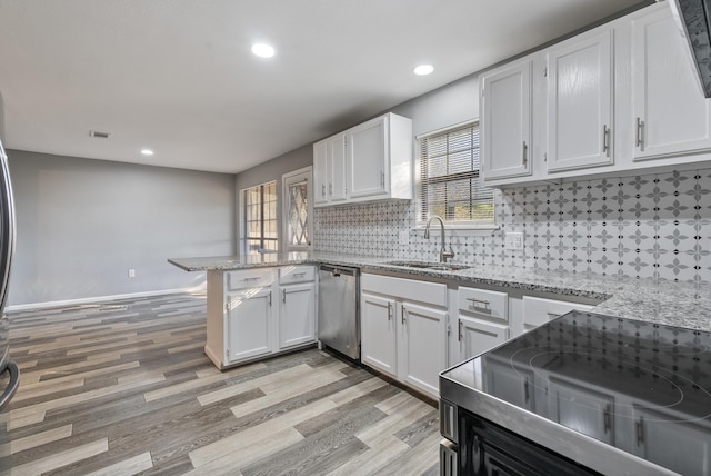 kitchen with white cabinetry, light stone countertops, sink, and stainless steel dishwasher