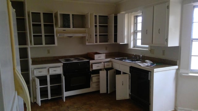 kitchen featuring dark parquet flooring, sink, electric range, black dishwasher, and white cabinets