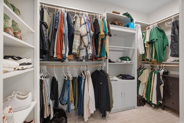 walk in closet with light hardwood / wood-style floors