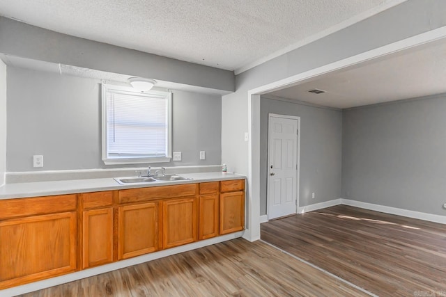 kitchen with sink, a textured ceiling, and light hardwood / wood-style floors