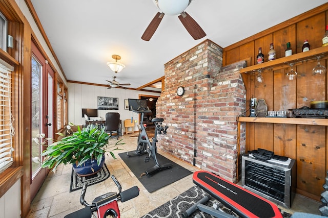 workout area with crown molding, a wealth of natural light, ceiling fan, and wood walls