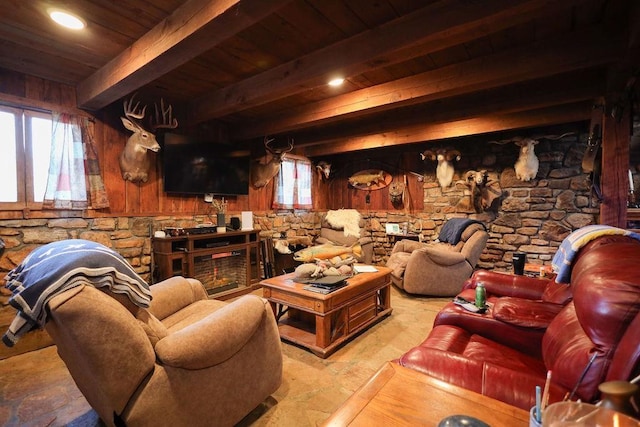 living room featuring wood ceiling and beam ceiling