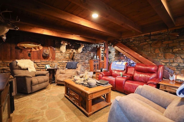 living room with wood ceiling and beam ceiling