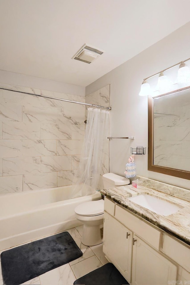 full bathroom featuring vanity, toilet, and shower / bathtub combination with curtain