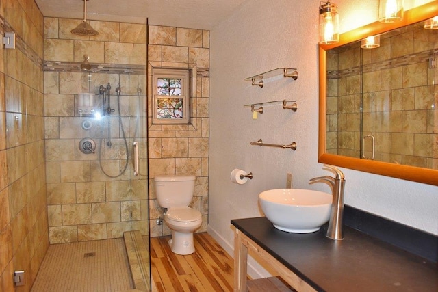 bathroom featuring vanity, wood-type flooring, an enclosed shower, and toilet