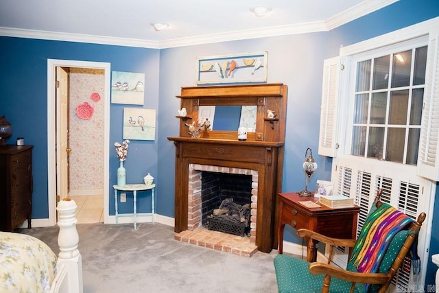 sitting room featuring crown molding, a fireplace, and light carpet